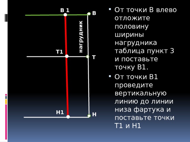От точки В влево отложите половину ширины нагрудника таблица пункт 3 и поставьте точку В1. От точки В1 проведите вертикальную линию до линии низа фартука и поставьте точки Т1 и Н1 В 1 В       Т         Н  нагрудник Т1 Н1 