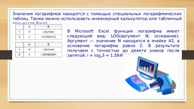 Значения логарифмов находятся с помощью специальных логарифмических таблиц. Также можно использовать инженерный калькулятор или табличный процессор Excel. В Microsoft Excel функция логарифма имеет следующий вид: LOG(apryмент N; основание). Аргумент — значение N находится в ячейке А2, а основание логарифма равно 2. В результате получаем с точностью до девяти знаков после запятой: i = log 2 3 = 1,584962501 (бита). 