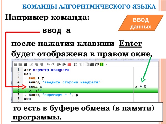 КОМАНДЫ АЛГОРИТМИЧЕСКОГО ЯЗЫКА Например команда: ввод а после нажатия клавиши Enter будет отображена в правом окне, ВВОД данных то есть в буфере обмена (в памяти) программы. 