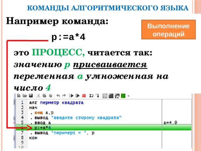 КОМАНДЫ АЛГОРИТМИЧЕСКОГО ЯЗЫКА Например команда: р:=а*4 это ПРОЦЕСС, читается так: значению р присваивается переменная а умноженная на число 4 Выполнение операций 