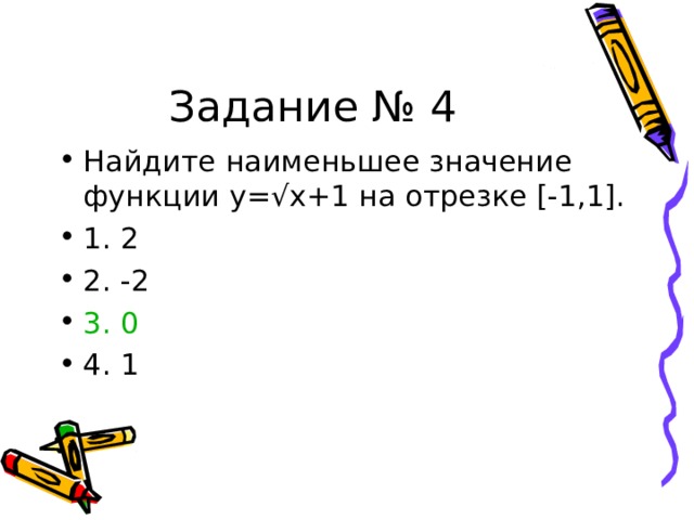 Задание № 4 Найдите наименьшее значение функции y= √x+1 на отрезке [-1,1]. 1. 2 2. -2 3. 0 4. 1 