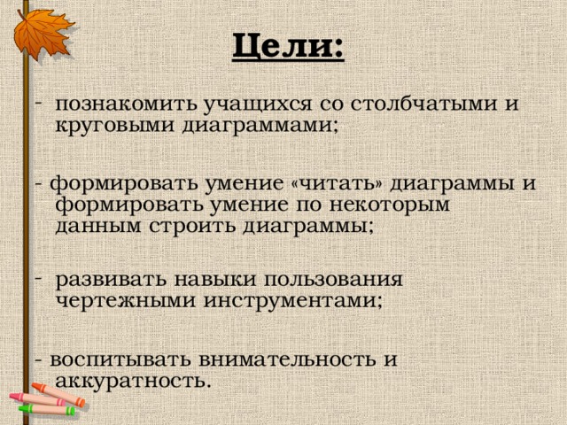 Цели: познакомить учащихся со столбчатыми и круговыми диаграммами;  - формировать умение «читать» диаграммы и формировать умение по  некоторым данным строить диаграммы; развивать навыки пользования чертежными инструментами;  - воспитывать внимательность и аккуратность. 