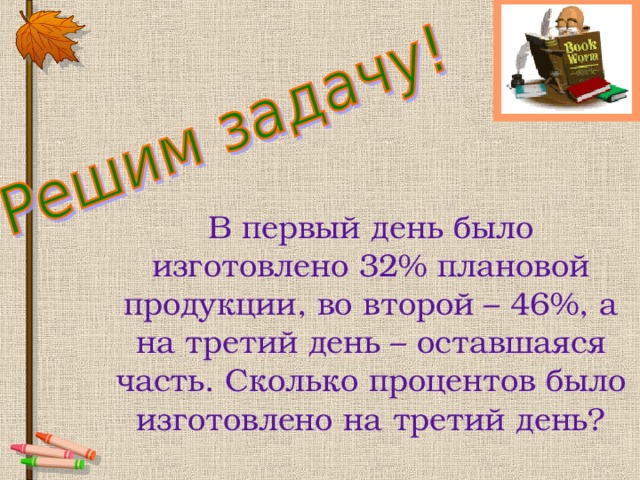 В первый день было изготовлено 32% плановой продукции, во второй – 46%, а на третий день – оставшаяся часть. Сколько процентов было изготовлено на третий день? 