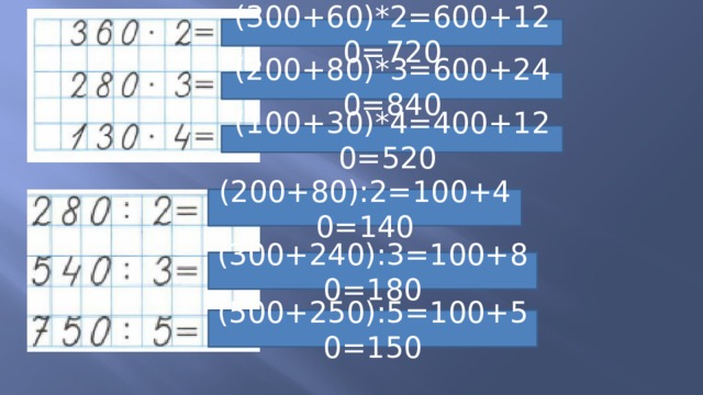 (300+60)*2=600+120=720 (200+80)*3=600+240=840 (100+30)*4=400+120=520 (200+80):2=100+40=140 (300+240):3=100+80=180 (500+250):5=100+50=150 