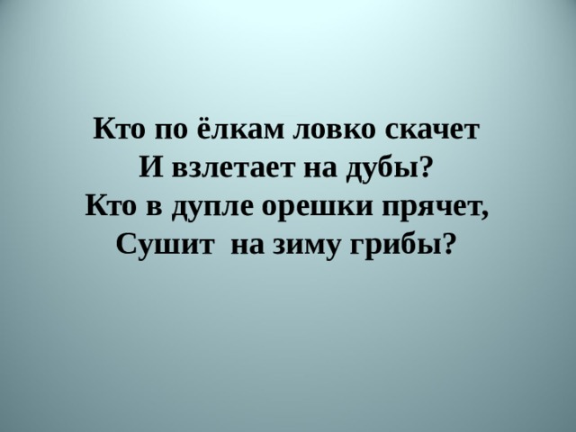 Кто по ёлкам ловко скачет И взлетает на дубы? Кто в дупле орешки прячет, Сушит на зиму грибы?  