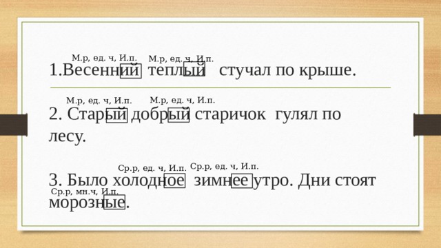 1.Весенний теплый стучал по крыше.   2. Старый добрый старичок гулял по лесу.   3. Было холодное зимнее утро. Дни стоят морозные. М.р, ед. ч, И.п. М.р, ед. ч, И.п. М.р, ед. ч, И.п. М.р, ед. ч, И.п. Ср.р, ед. ч, И.п. Ср.р, ед. ч, И.п. Ср.р, мн.ч, И.п. 