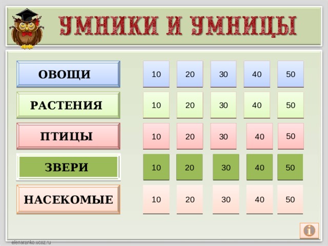 Овощи 10 20 30 40 50 10 20 30 40 50 Растения 50 30 40 10 20 Птицы Звери 10 20 30 40 50 насекомые 10 20 30 40 50 