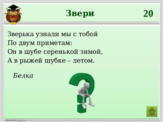 Белка 20 Звери Зверька узнали мы с тобой По двум приметам: Он в шубе серенькой зимой, А в рыжей шубке – летом. 