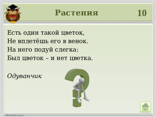 Одуванчик 10 Растения Есть один такой цветок, Не вплетёшь его в венок. На него подуй слегка: Был цветок – и нет цветка. 