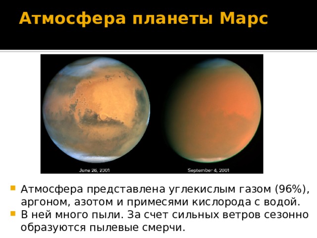 Атмосфера планеты Марс   Атмосфера представлена углекислым газом (96%), аргоном, азотом и примесями кислорода с водой. В ней много пыли. За счет сильных ветров сезонно образуются пылевые смерчи. 