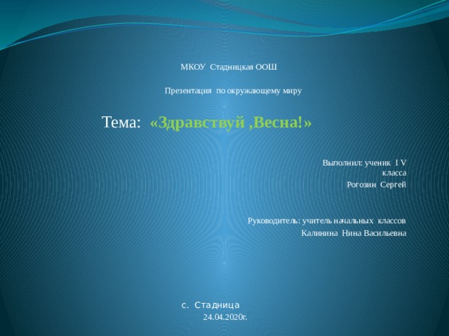  МКОУ Стадницкая ООШ    Презентация по окружающему миру    Тема: «Здравствуй ,Весна!»    Выполнил: ученик I V класса  Рогозин Сергей      Руководитель: учитель начальных классов  Калинина Нина Васильевна    с. Стадница  24.04.2020г.     