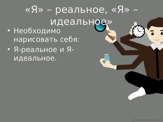 «Я» – реальное, «Я» – идеальное» Необходимо нарисовать себя: Я-реальное и Я-идеальное. 