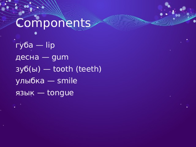 Components губа — lip десна — gum зуб(ы) — tooth (teeth) улыбка — smile язык — tongue 