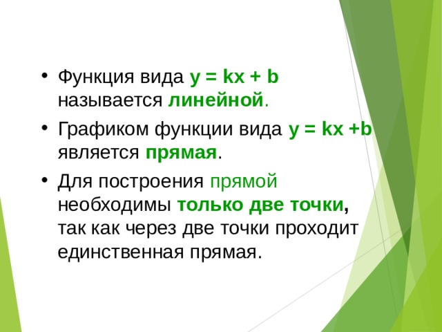 Функция вида у = kx + b называется линейной . Графиком функции вида у = kx +b является прямая . Для построения прямой необходимы только две  точки , так как через две точки проходит единственная прямая. 