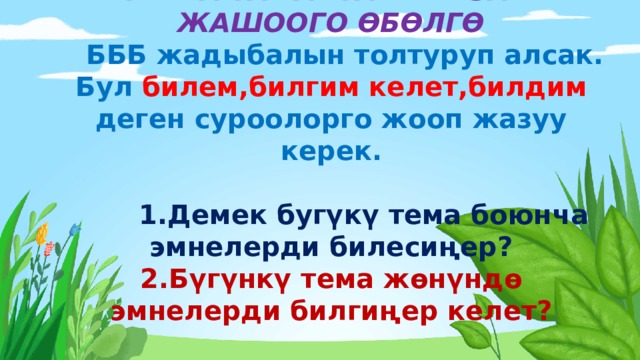 ТУУРА ТАМАКТАНУУ УЗАК ЖАШООГО ӨБӨЛГӨ   БББ жадыбалын толтуруп алсак.  Бул билем,билгим келет,билдим деген суроолорго жооп жазуу керек.    1.Демек бугүкү тема боюнча эмнелерди билесиңер?  2.Бүгүнкү тема жөнүндө эмнелерди билгиңер келет? 