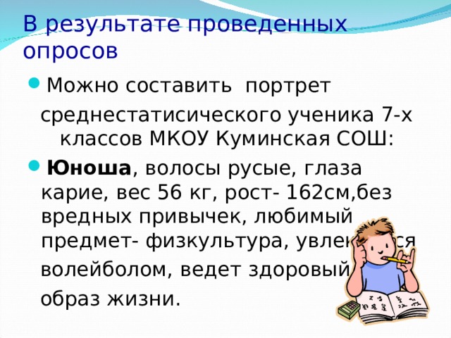 В результате проведенных опросов Можно составить портрет  среднестатисического ученика 7-х классов МКОУ Куминская СОШ: Юноша , волосы русые, глаза карие, вес 56 кг, рост- 162см,без вредных привычек, любимый предмет- физкультура, увлекается  волейболом, ведет здоровый  образ жизни.  