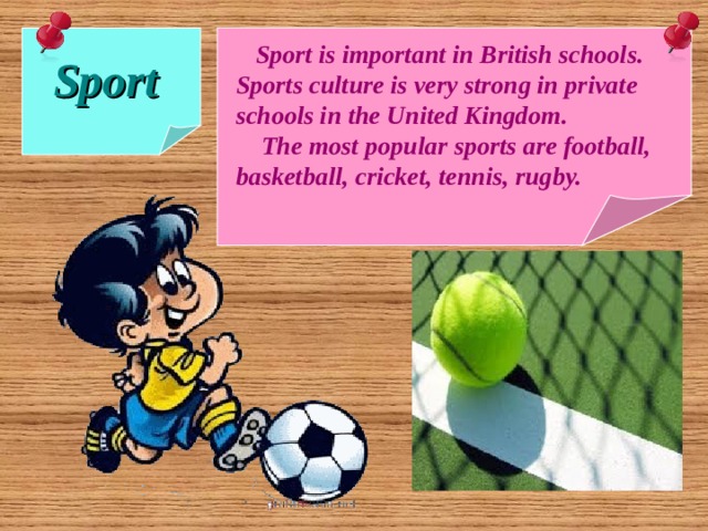  Sport  Sport is important in British schools. Sports culture is very strong in private schools in the United Kingdom.  The most popular sports are football, basketball, cricket, tennis, rugby. 