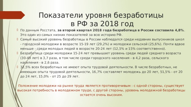 Показатели уровня безработицы  в РФ за 2018 год По данным Росстата,  за второй квартал 2018 года безработица в России составила 4,8% . Это один из самых низких показателей за всю историю РФ. Самый высокий уровень безработицы в России наблюдался среди недавних выпускников школ - городской молодежи в возрасте 15-19 лет (29,2%) и молодежи сельской (25,6%). Почти вдвое меньше - среди молодых людей в возрасте 20-24 лет (12,5% и 15% соответственно). Безработица среди молодежи 15-24 лет превышает уровень среди людей среднего возраста (30-49 лет) в 3,7 раза, в том числе среди городского населения - в 4,2 раза, сельского населения - в 2,6 раза. 32,5% всех безработных не имеют опыта трудовой деятельности. В числе безработных, не имеющих опыта трудовой деятельности, 16,7% составляет молодежь до 20 лет, 51,5% - от 20 до 24 лет, 15,0% - от 25 до 29 лет. Положение молодежи на рынке труда является противоречивым : с одной стороны, существует высокая потребность в молодежном труде, с другой стороны, уровень молодежной безработицы остается очень высоким.    
