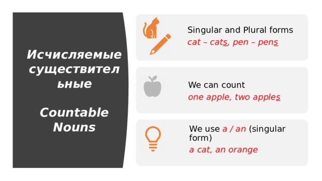 Singular and Plural forms cat – cat s , pen – pen s Исчисляемые существительные   Countable Nouns We can count one apple, two apple s We use a / an (singular form) a cat, an orange 