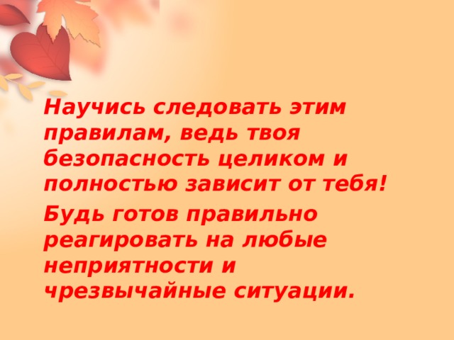   Научись следовать этим правилам, ведь твоя безопасность целиком и полностью зависит от тебя!   Будь готов правильно реагировать на любые неприятности и чрезвычайные ситуации. 