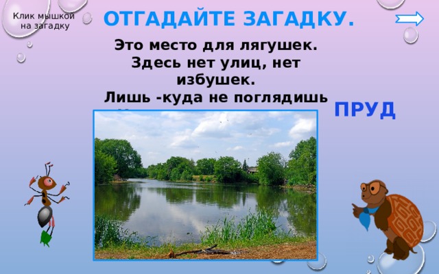  Отгадайте загадку. Клик мышкой на загадку Это место для лягушек. Здесь нет улиц, нет избушек. Лишь -куда не поглядишь Кочки, ряска и камыш.  ПРУД 