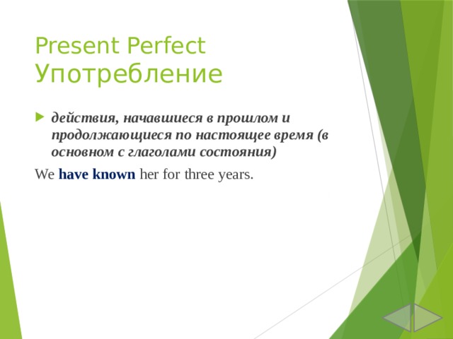 Present Perfect  Употребление действия, начавшиеся в прошлом и продолжающиеся по настоящее время (в основном с глаголами состояния) We have known her for three years. 