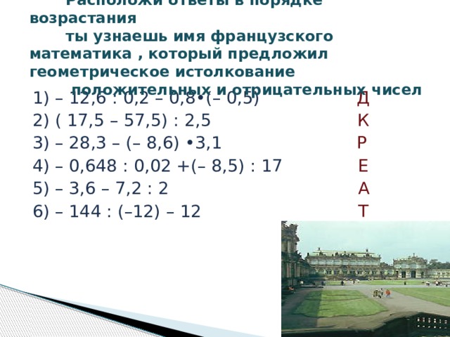  Расположи ответы в порядке возрастания  ты узнаешь имя французского математика , который предложил геометрическое истолкование  положительных и отрицательных чисел 1) – 12,6 : 0,2 – 0,8•(– 0,5) Д 2) ( 17,5 – 57,5) : 2,5 К 3) – 28,3 – (– 8,6) •3,1 Р 4) – 0,648 : 0,02 +(– 8,5) : 17 Е 5) – 3,6 – 7,2 : 2 А 6) – 144 : (–12) – 12 Т 