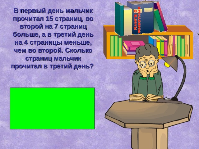 В первый день мальчик прочитал 15 страниц, во второй на 7 страниц больше, а в третий день на 4 страницы меньше, чем во второй. Сколько страниц мальчик прочитал в третий день? 