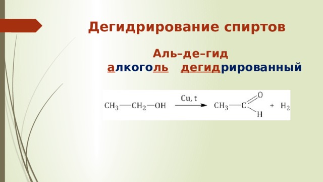 Дегидрирование спиртов   Аль–де–гид   а лкого ль  дегид рированный 