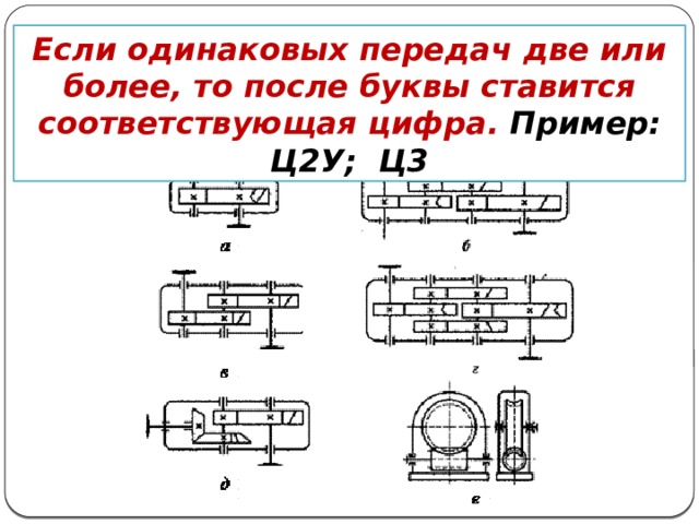 Если одинаковых передач две или более, то после буквы ставится соответствующая цифра. Пример: Ц2У; Ц3 