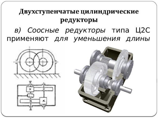 в) Соосные редукторы типа Ц2С применяют для уменьшения длины корпуса. 