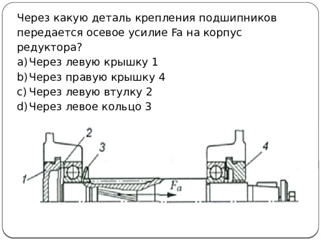 Через какую деталь крепления подшипников передается осевое усилие Fa на корпус редуктора?   Через левую крышку 1 Через правую крышку 4 Через левую втулку 2 Через левое кольцо 3 