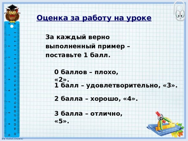 Оценка за работу на уроке За каждый верно выполненный пример – поставьте 1 балл. 0 баллов – плохо, «2». 1 балл – удовлетворительно, «3». 2 балла – хорошо, «4». 3 балла – отлично, «5». 