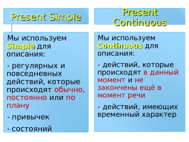 Present Simple Present Continuous Мы используем Simple  для описания: - регулярных и повседневных действий, которые происходят обычно, постоянно или по плану - привычек - состояний Мы используем Continuous  для описания: - действий, которые происходят в данный момент и не закончены ещё в момент речи - действий, имеющих временный характер 