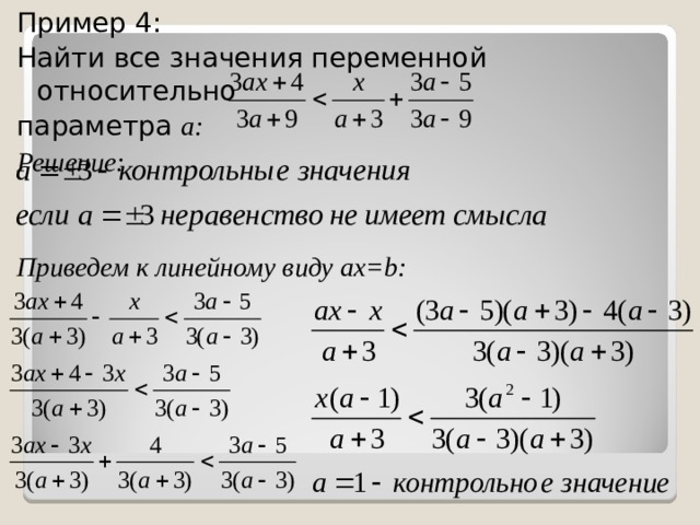 Пример 4: Найти все значения переменной относительно параметра а:  Решение:   Приведем к линейному виду ax=b:  