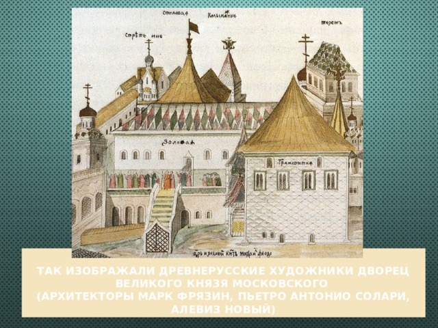  Так изображали древнерусские художники дворец великого князя московского  (архитекторы Марк Фрязин, Пьетро Антонио Солари, Алевиз Новый)  