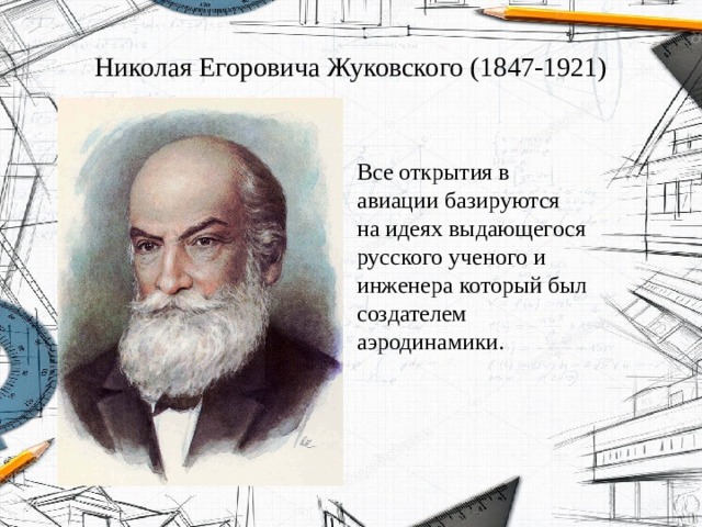 Николая Егоровича Жуковского (1847-1921) Все открытия в авиации базируются на идеях выдающегося русского ученого и инженера который был создателем аэродинамики. 
