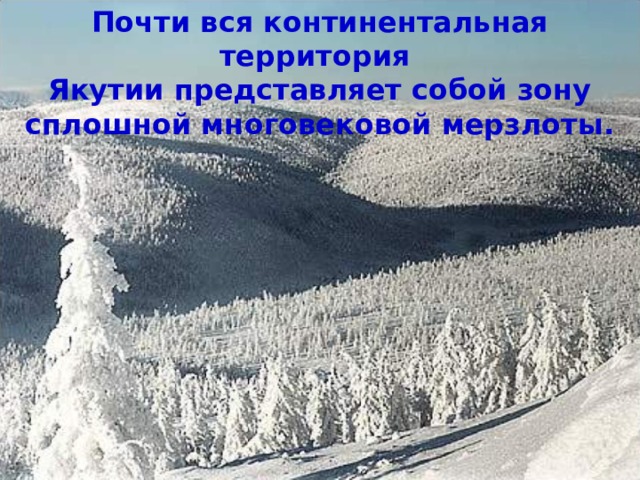 Почти вся континентальная территория Якутии представляет собой зону сплошной многовековой мерзлоты. 