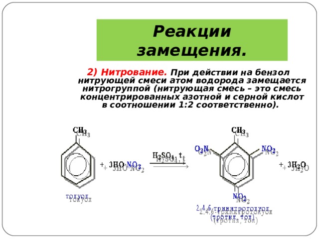 Реакции замещения. 2) Нитрование.  При действии на бензол нитрующей смеси атом водорода замещается нитрогруппой (нитрующая смесь – это смесь концентрированных азотной и серной кислот в соотношении 1:2 соответственно).  