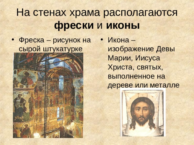 На стенах храма располагаются фрески и иконы Фреска – рисунок на сырой штукатурке  Икона – изображение Девы Марии, Иисуса Христа, святых, выполненное на дереве или металле 