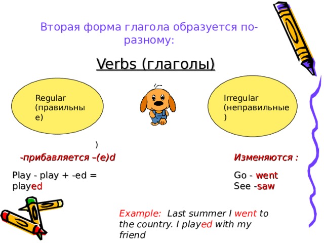 Вторая форма глагола образуется по-разному:   Verbs  ( глаголы) Regular (правильные) Irregular (неправильные) ) -прибавляется –(е) d Изменяются  : Play - play + -ed = play ed Go - went See - saw Example :  Last summer I went to the country. I play ed with my friend 