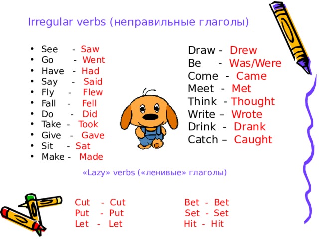 Irregular verbs  ( неправильные глаголы) See - Saw Go - Went Have - Had Say - Said Fly - Flew Fall - Fell Do - Did Take - Took Give - Gave Sit - Sat Make - Made Draw - Drew Be - Was/Were Come - Came Meet - Met Think - Thought Write – Wrote Drink - Drank Catch – Caught « Lazy » verbs («ленивые» глаголы) Cut - Cut Bet - Bet Put - Put Set - Set Let - Let Hit - Hit 