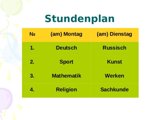 Stundenplan № (am) Montag 1. 2. (am) Dienstag Deutsch Sport Russisch 3. Kunst Mathematik 4. Religion Werken Sachkunde 