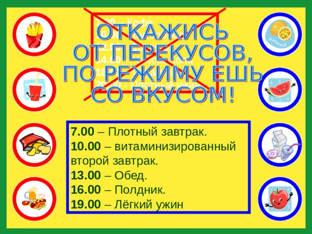 7.00 – Кофе 10.00 – Бутерброд 12.00 - Доширак 14.00 – Чипсы, Кола 18.00 – Сухарики 20.00 - Плотный ужин . 7.00 – Кофе 10.00 – Бутерброд 12.00 - Доширак 14.00 – Чипсы, Кола 18.00 – Сухарики 20.00 - Плотный ужин . 7.00 – Плотный завтрак. 10.00 – витаминизированный второй завтрак. 13.00 – Обед. 16.00 – Полдник. 19.00 – Лёгкий ужин 