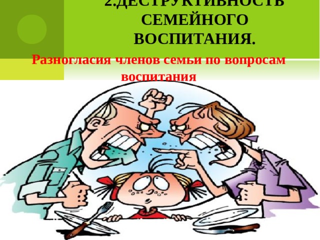 2.ДЕСТРУКТИВНОСТЬ СЕМЕЙНОГО ВОСПИТАНИЯ.   Разногласия членов семьи по вопросам воспитания 