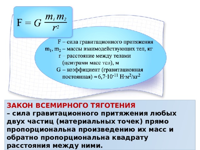 ЗАКОН ВСЕМИРНОГО ТЯГОТЕНИЯ – сила гравитационного притяжения любых двух частиц (материальных точек) прямо пропорциональна произведению их масс и обратно пропорциональна квадрату расстояния между ними. 