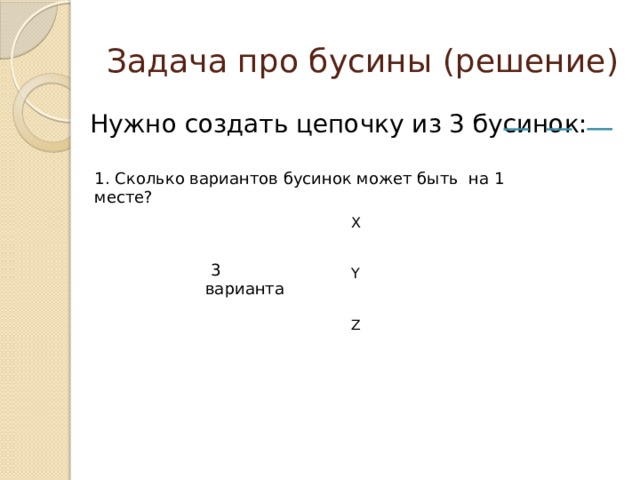 Задача про бусины (решение) Нужно создать цепочку из 3 бусинок: 1. Сколько вариантов бусинок может быть на 1 месте? X Y Z  3 варианта 