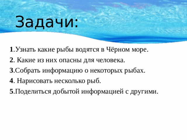 Задачи: 1 .Узнать какие рыбы водятся в Чёрном море. 2 . Какие из них опасны для человека. 3 .Собрать информацию о некоторых рыбах. 4 . Нарисовать несколько рыб. 5 .Поделиться добытой информацией с другими. 