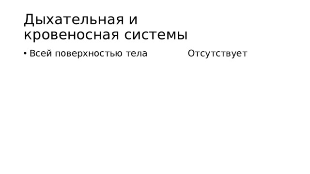 Дыхательная и кровеносная системы Всей поверхностью тела Отсутствует 