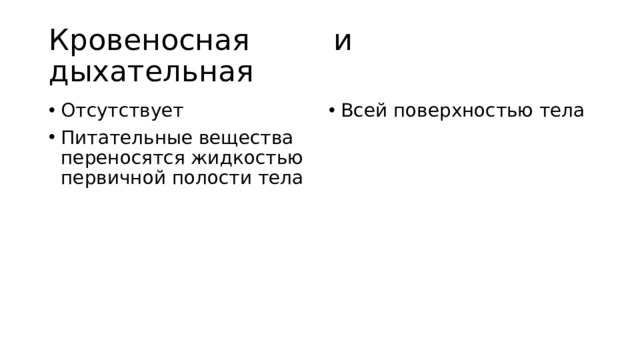 Кровеносная и дыхательная Отсутствует Питательные вещества переносятся жидкостью первичной полости тела Всей поверхностью тела  